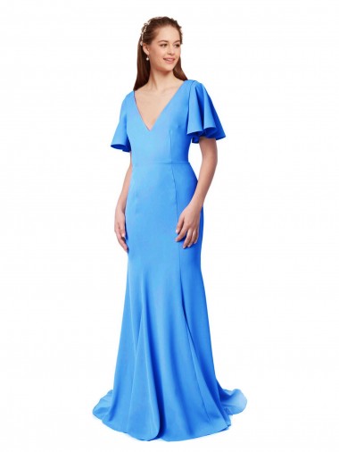 Discount Short Sleeves Long V-Neck Crepe Bridesmaid Dress / Prom Dress with V-Back