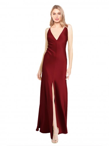 Discount Floor Length Deep V-Back Formal Stretch Satin Bridesmaid Dress / Prom Dress with Front Slit