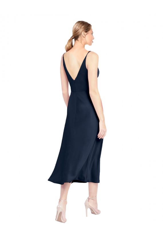 Discount V-Neck Midi Length Short Cocktail Formal Stretch Satin Bridesmaid Dress / Prom Dress V-Back