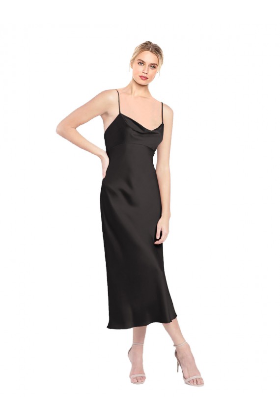 Discount Cowl Neck Midi Length Short Cocktail Formal Stretch Satin Slip Bridesmaid Dress / Prom Dress