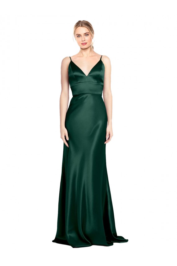 Discount High V-Neck Long Full Length Sheath Formal Stretch Satin Bridesmaid Dress / Prom Dress