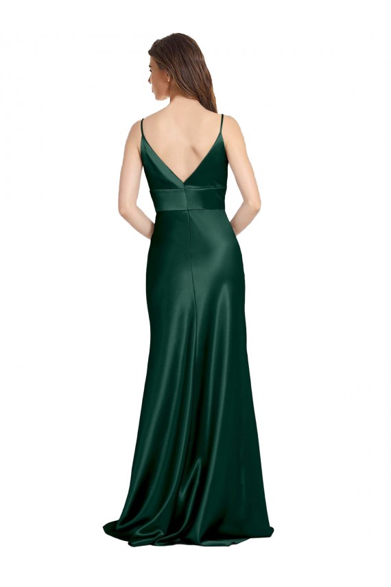 Discount High V-Neck Long Full Length Sheath Formal Stretch Satin Bridesmaid Dress / Prom Dress