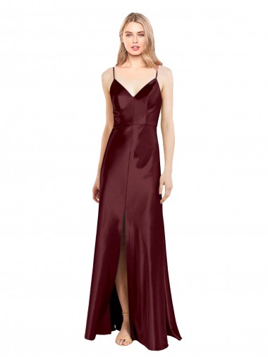 Discount Sleek Spaghetti Straps V-Neck Formal Stretch Satin Bridesmaid Dress / Prom Dress with Center Front Slit