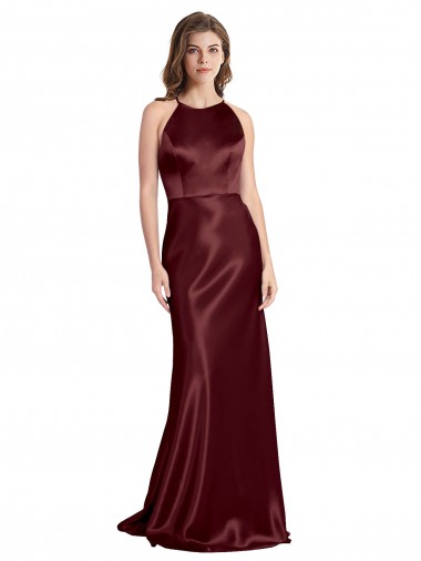 Discount High Neck Halter Long Sleeveless Formal Stretch Satin Bridesmaid Dress / Prom Dress with Strappy Back