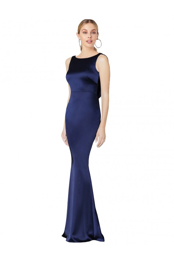 Discount Sheath High Neck Formal Stretch Satin Bridesmaid Dress / Prom Dress Low Back