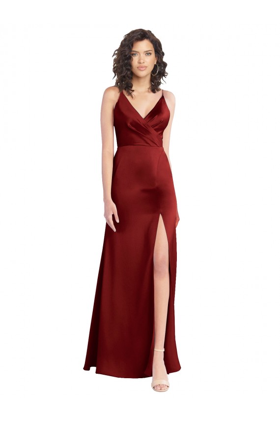 Discount Faux Surplice Neckline Long Slim A-Line Formal Stretch Satin Bridesmaid Dress / Prom Dress