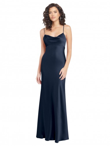 Discount Cowl Neck Long Empire Waist Formal Stretch Satin Bridesmaid Dress with Open Back