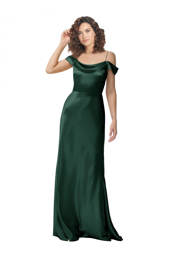 Discount Off the Shoulder Sleeves Long Formal Stretch Satin Bridesmaid Dress / Prom Dress with Pleated Draped Neckline