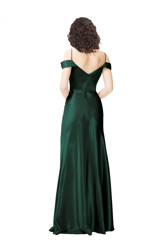 Discount Off the Shoulder Sleeves Long Formal Stretch Satin Bridesmaid Dress / Prom Dress with Pleated Draped Neckline