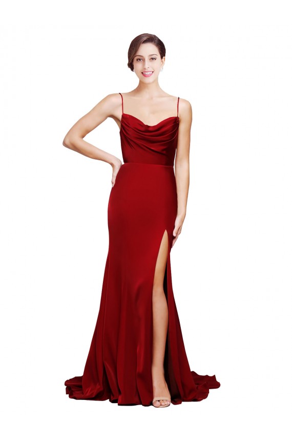Discount Cowl Front Neck Sweep Train Formal Stretch Satin Bridesmaid Dress / Prom Dress with High Side Split