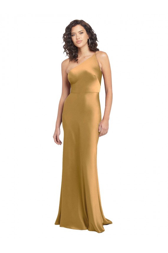 Discount One Shoulder Long Floor Length Formal Stretch Satin Slip Bridesmaid Dress / Prom Dress
