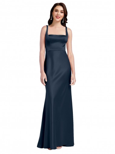 Discount Square Neck A-Line Long Formal Stretch Satin Bridesmaid Dress / Prom Dress with Wide Straps