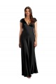 Discount Plunging V-Neck Cap Cleeves Long Formal Stretch Satin Bridesmaid Dress / Prom Dress with Keyhole Back