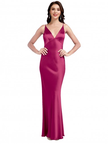 Discount V-Neck Spaghetti Straps Slim Formal Stretch Satin Bridesmaid Dress / Prom Dress with Low Scoop Back