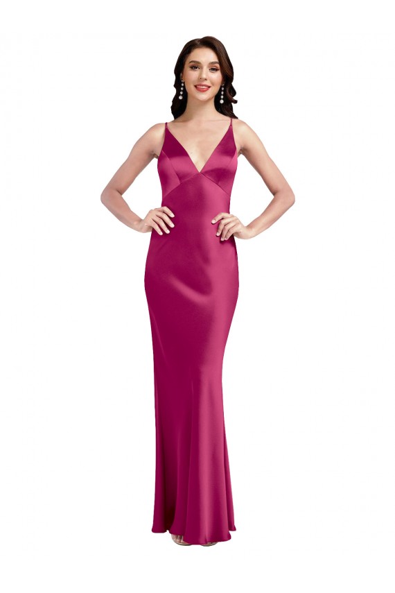 Discount V-Neck Spaghetti Straps Slim Formal Stretch Satin Bridesmaid Dress / Prom Dress with Low Scoop Back