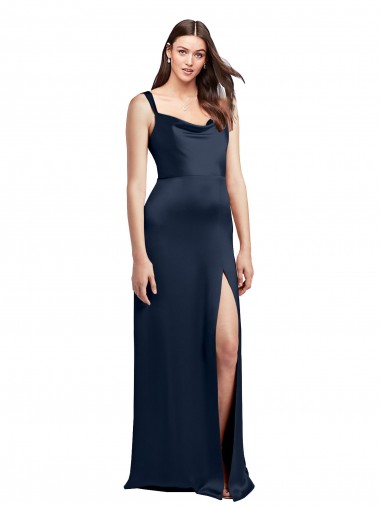 Discount Cowl Neck Soft Long Formal Stretch Satin Bridesmaid Dress / Prom Dress with Side Slit and Pleated Straps