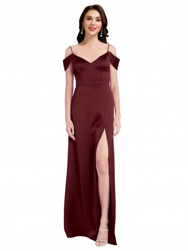 Discount Draped Off the Shoulder Sleeves Slim A-Line Formal Stretch Satin Bridesmaid Dress / Prom Dress with Side Slit