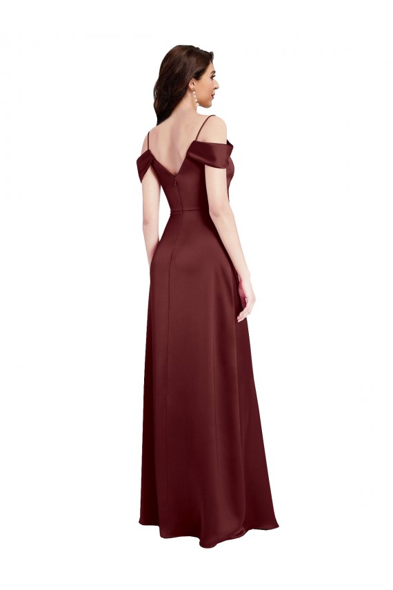 Discount Draped Off the Shoulder Sleeves Slim A-Line Formal Stretch Satin Bridesmaid Dress / Prom Dress with Side Slit