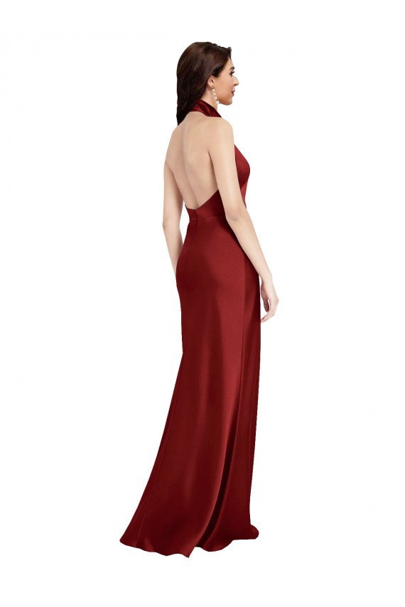 Discount Backless Halter Long Formal Stretch Satin Bridesmaid Dress / Prom Dress