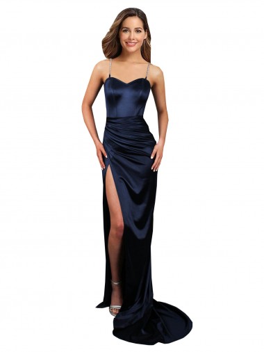 Discount Pleated Sash Skirt Long Formal Stretch Satin Bridesmaid Dress / Prom Dress with High Slit