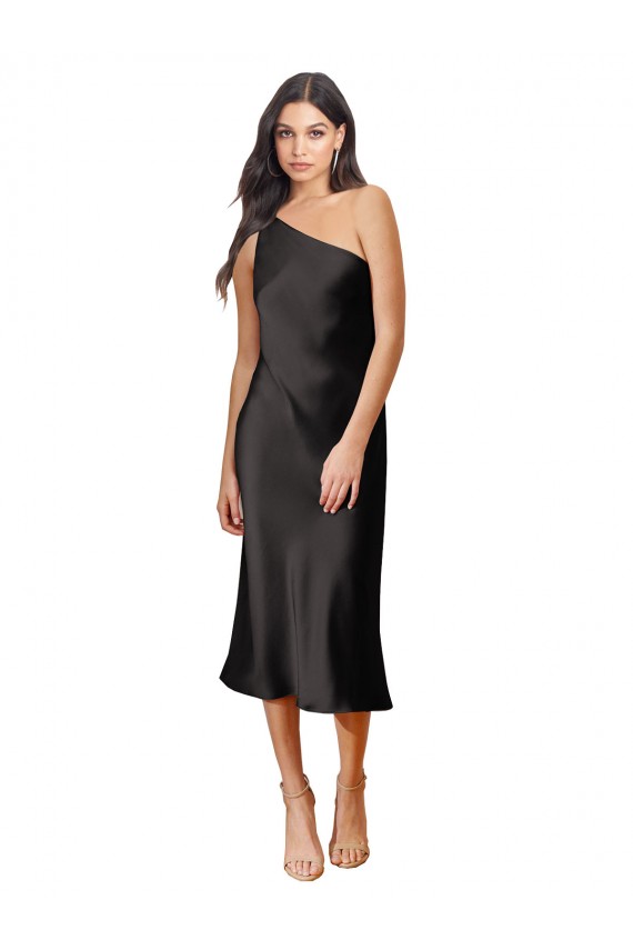 Discount Sleek One Shoulder Midi Length Short Cocktail Formal Stretch Satin Slip Bridesmaid Dress / Prom Dress
