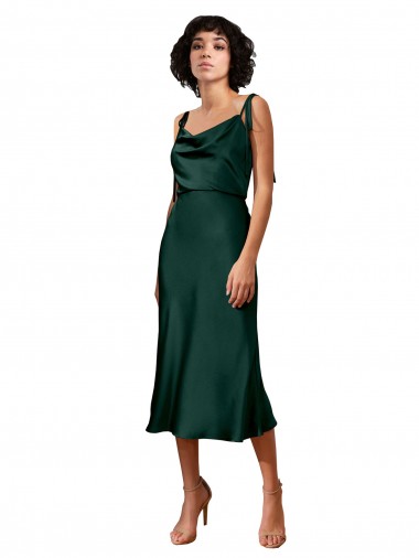 Discount Spaghetti Straps Tie Shoulders Cowl Neck Short Midi Length Formal Stretch Satin Cocktail Bridesmaid Dress / Prom Dress