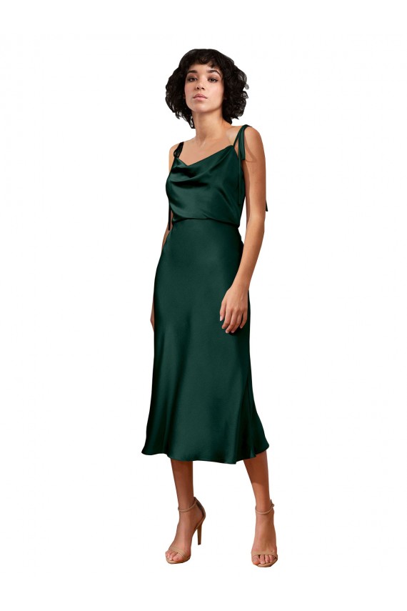 Discount Spaghetti Straps Tie Shoulders Cowl Neck Short Midi Length Formal Stretch Satin Cocktail Bridesmaid Dress / Prom Dress