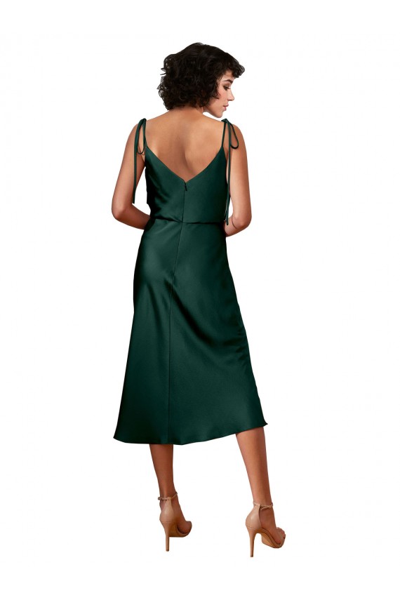Discount Spaghetti Straps Tie Shoulders Cowl Neck Short Midi Length Formal Stretch Satin Cocktail Bridesmaid Dress / Prom Dress