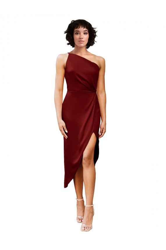 Discount One Shoulder Cocktail Midi Length Short Formal Stretch Satin Wrap Style Bridesmaid Dress / Prom Dress