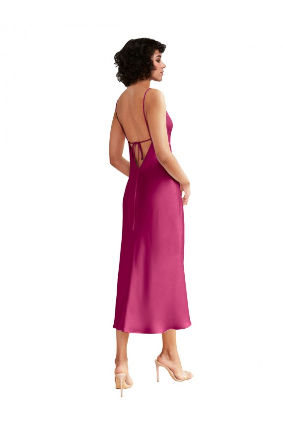 Discount Midi Length V-Neck Short Formal Stretch Satin Bridesmaid Dress / Cocktail Prom Dress with Low Scoop Back