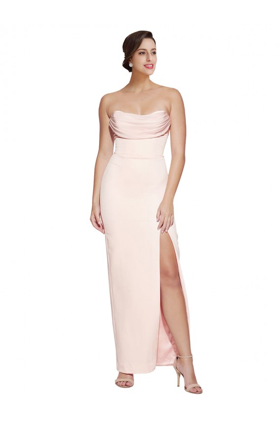 Discount Cowl Neck Strapless Formal Stretch Satin Bridesmaid Dress / Prom Dress with High Split