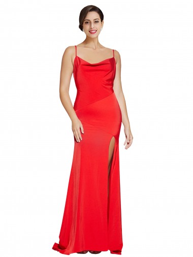 Discount Low Back Cowl Neck Formal Stretch Satin Bridesmaid Dress / Prom Dress with High Side Slit