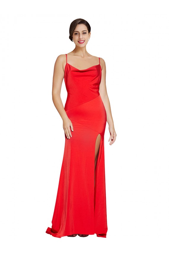 Discount Low Back Cowl Neck Formal Stretch Satin Bridesmaid Dress / Prom Dress with High Side Slit