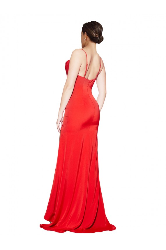 Discount Low Back Cowl Neck Formal Stretch Satin Bridesmaid Dress / Prom Dress with High Side Slit