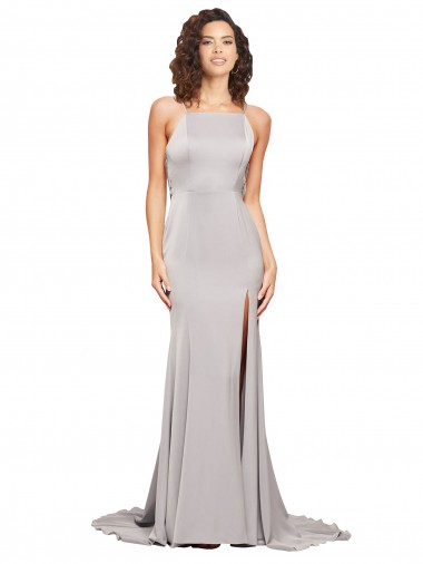 Discount High Neck Low Back Long Full Length Formal Stretch Satin Bridesmaid Dress / Prom Dress
