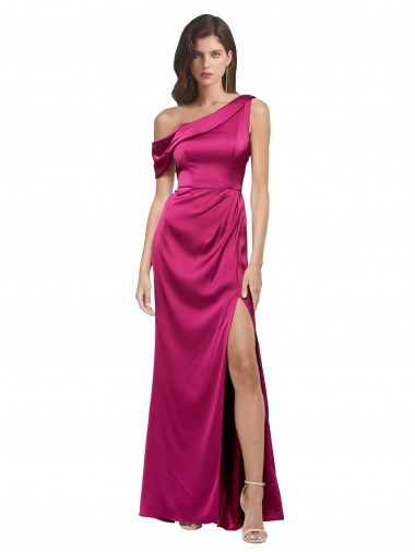 Discount Off the Shoulder Short Sleeves Formal Stretch Satin Bridesmaid Dress / Prom Dress with Side Slit