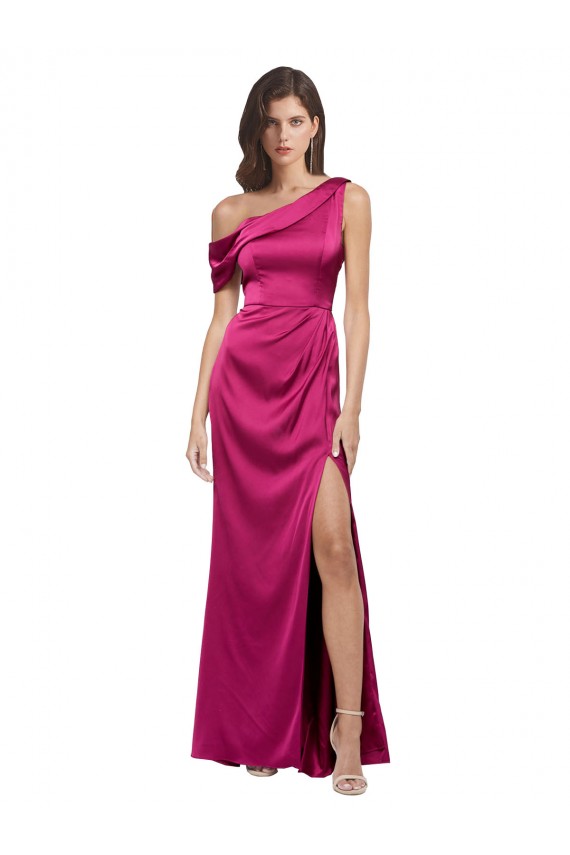 Discount Off the Shoulder Short Sleeves Formal Stretch Satin Bridesmaid Dress / Prom Dress with Side Slit