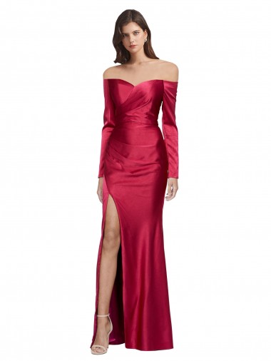 Discount Long Sleeves Off the Shoulder Formal Stretch Satin Bridesmaid Dress / Prom Dress with High Side Split