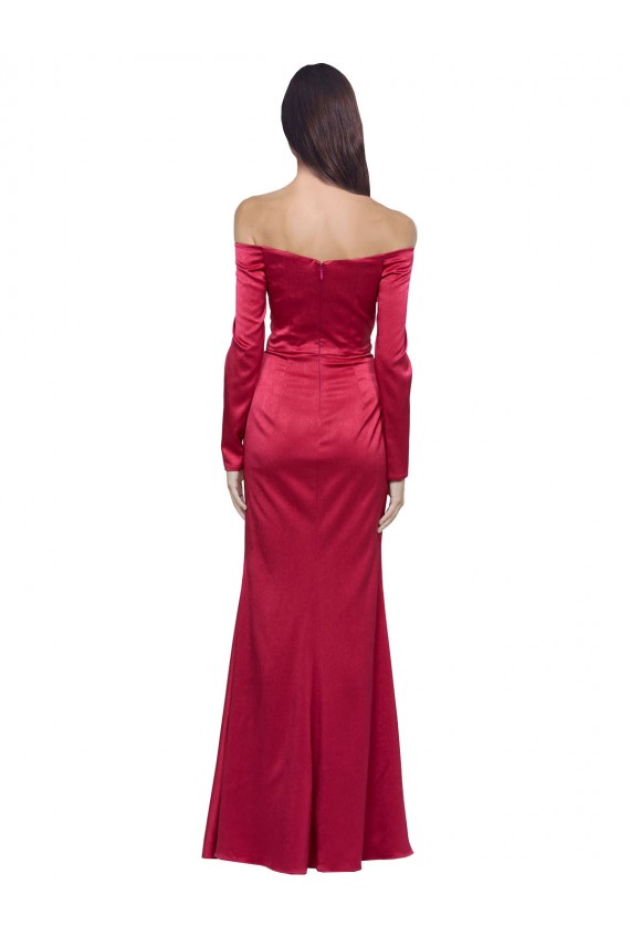 Discount Long Sleeves Off the Shoulder Formal Stretch Satin Bridesmaid Dress / Prom Dress with High Side Split