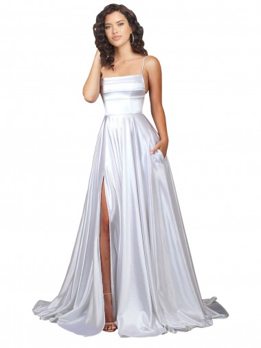 Discount Simple A-Line Corset Style Pleated Long Stretch Satin Beach Wedding Dress with High Slit
