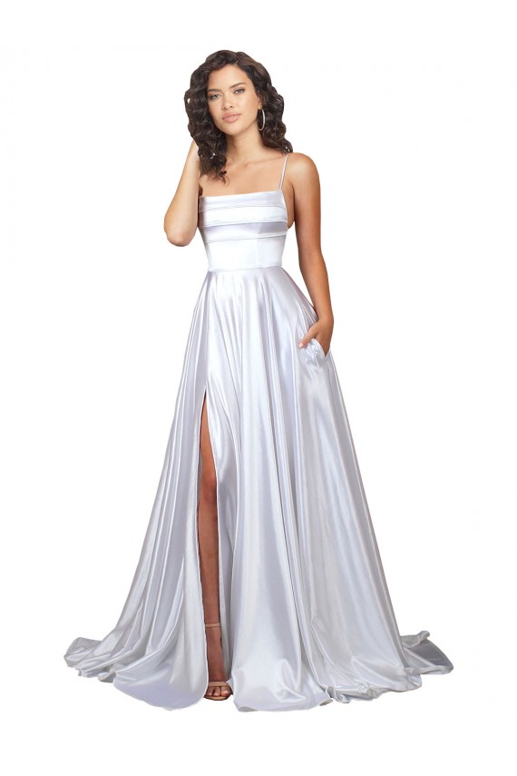 Discount Simple A-Line Corset Style Pleated Long Stretch Satin Beach Wedding Dress with High Slit