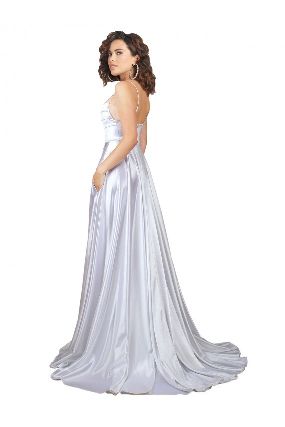 Discount Simple A-Line Corset Style Pleated Long Stretch Satin Beach Wedding Dress with High Slit