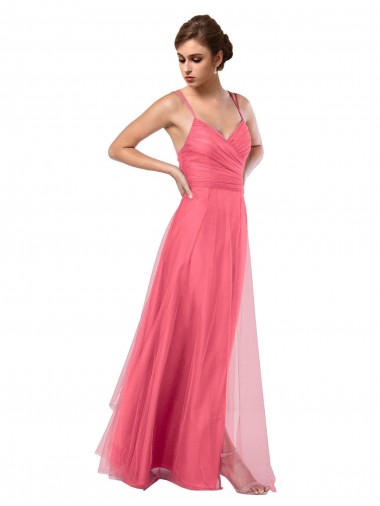 Discount Flowy A-Line Tulle Bridesmaid Dress with Double Straps and V-Neck
