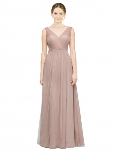 Discount Full Length Draped Long V-Neck Tulle Bridesmaid Dress