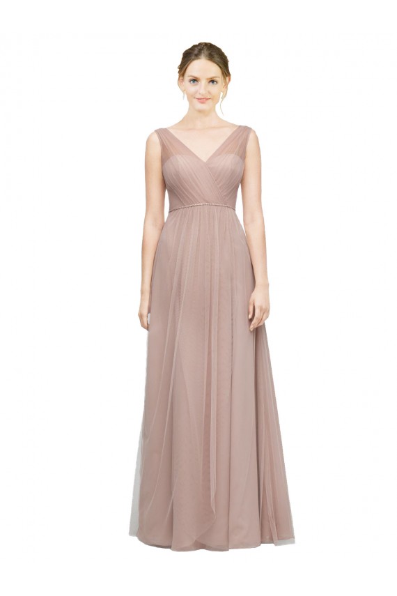 Discount Full Length Draped Long V-Neck Tulle Bridesmaid Dress