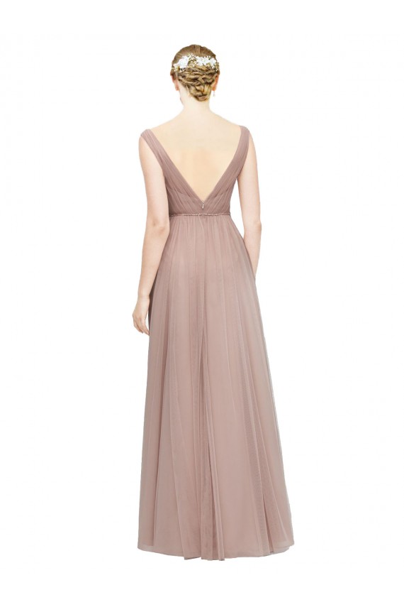 Discount Full Length Draped Long V-Neck Tulle Bridesmaid Dress