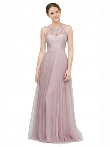 Discount High Neck Long Tulle Bridesmaid Dress with Lace Bodice