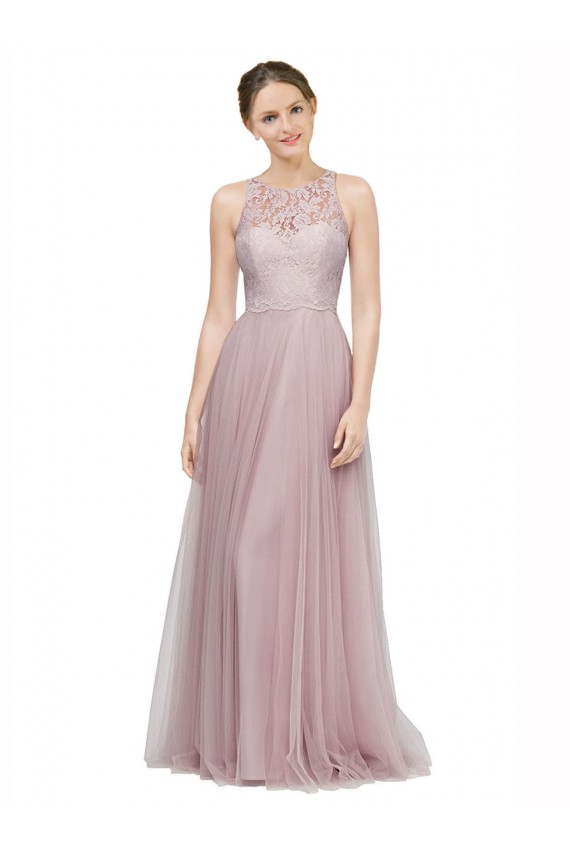 Discount High Neck Long Tulle Bridesmaid Dress with Lace Bodice