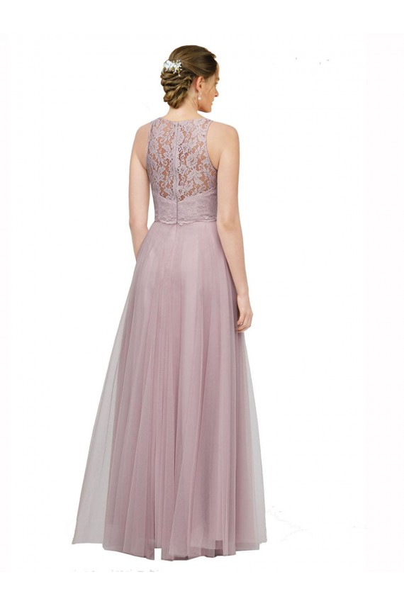 Discount High Neck Long Tulle Bridesmaid Dress with Lace Bodice