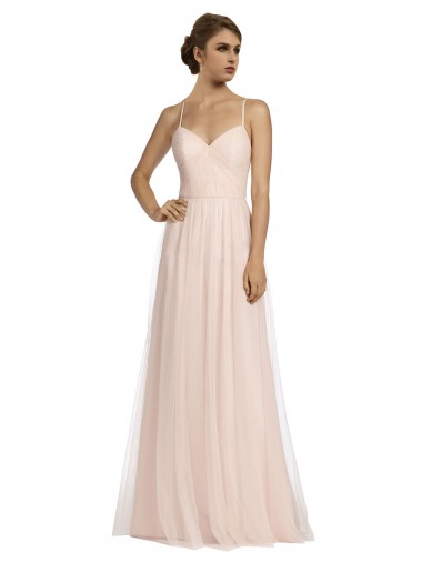 Discount Long Draped Back A-Line Tulle Bridesmaid Dress with Pleated Bodice